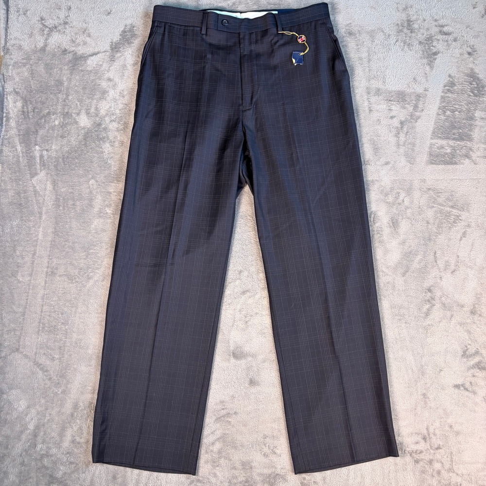 T. Harris Dress Pants Men's 34x30 Navy Blue Windowpane Wool Blend Trousers NWT